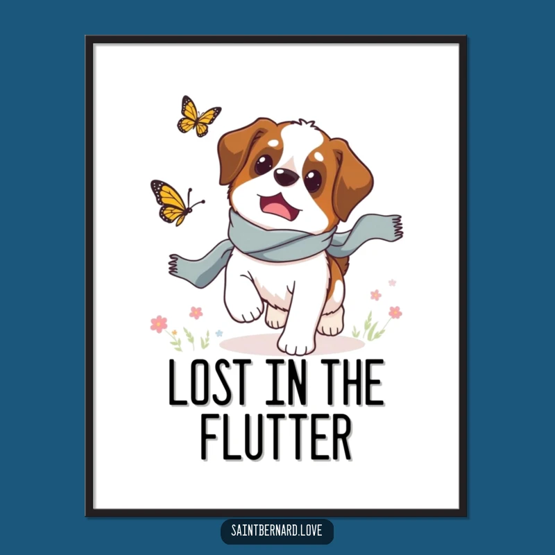 Funny Saint Bernard Butterfly Chase Digital Art: Instant Whimsical Download