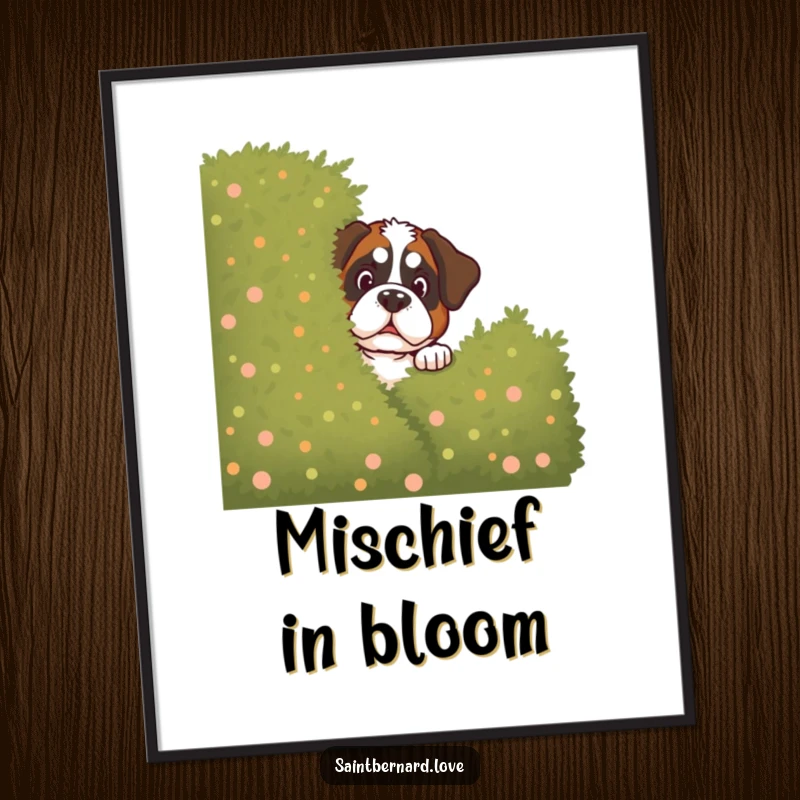 Funny Saint Bernard Digital Art Print: Printable artwork of a Saint Bernard peeking mischievously from behind a bush, humorous and charming dog art.
