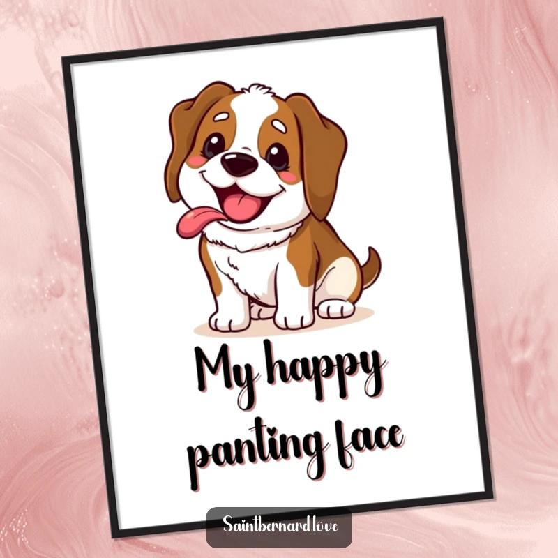 Funny Saint Bernard digital art print showing a kawaii dog with a wide, happy, panting grin, its tongue lolling out in pure, unbridled joy.