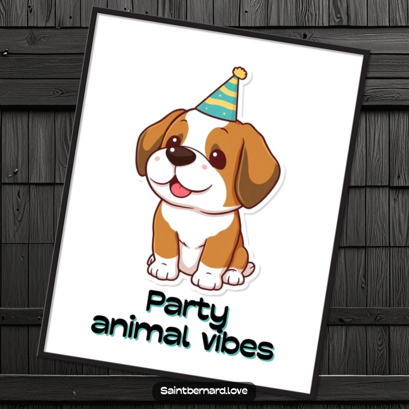Funny Kawaii Saint Bernard Digital Art: High-resolution art of a dog in a party hat, ready to frame.