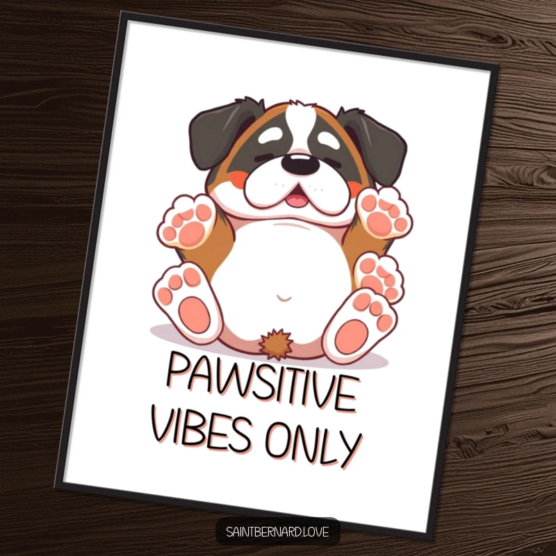 Funny Saint Bernard digital art print capturing a kawaii dog in a comical rolling pose with paws reaching skyward, symbolizing unrestrained joy.