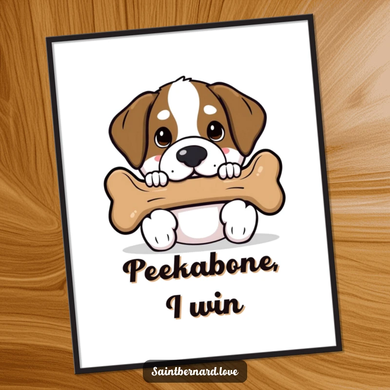 Funny Saint Bernard digital art print showing a kawaii dog peeking playfully from behind a large dog bone, exuding curiosity and charm.