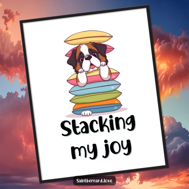 Funny Saint Bernard Digital Art Print: Printable artwork of a Saint Bernard hilariously balancing cushions, comical and charming dog art.
