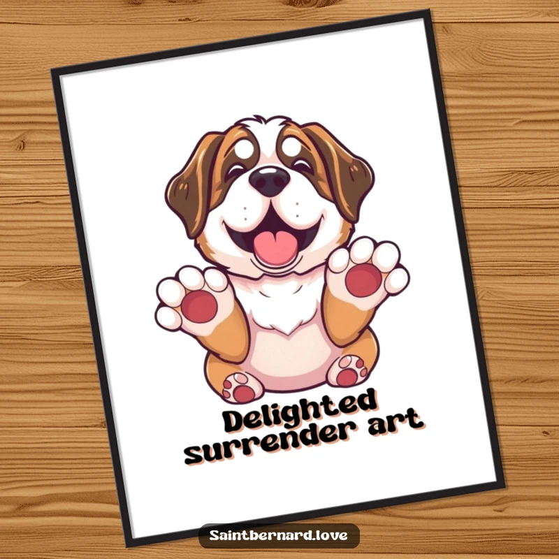 Funny Saint Bernard Digital Art Print: Printable artwork of a Saint Bernard with paws up in surrender looking utterly delighted, humorous and charming dog art.
