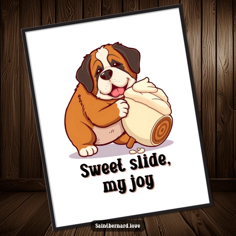 Funny Saint Bernard digital art print of a dog nudging a giant rolling ice cream cone, perfect for adding instant sweet humor to any digital frame.
