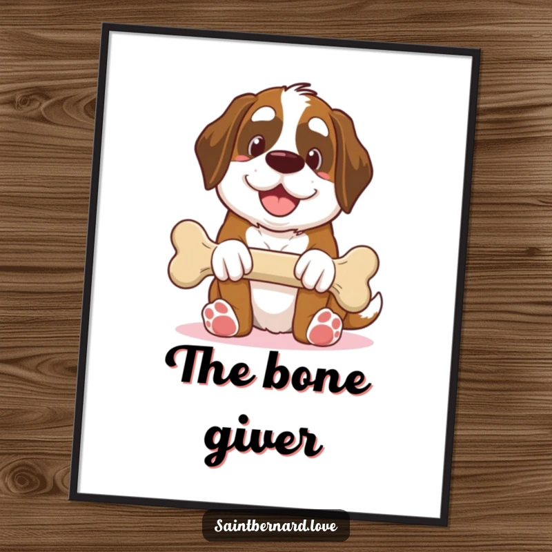 Funny Saint Bernard digital art print, kawaii dog offering giant bone with smile, generous humorous illustration, instant download, perfect funny gift for art collectors.