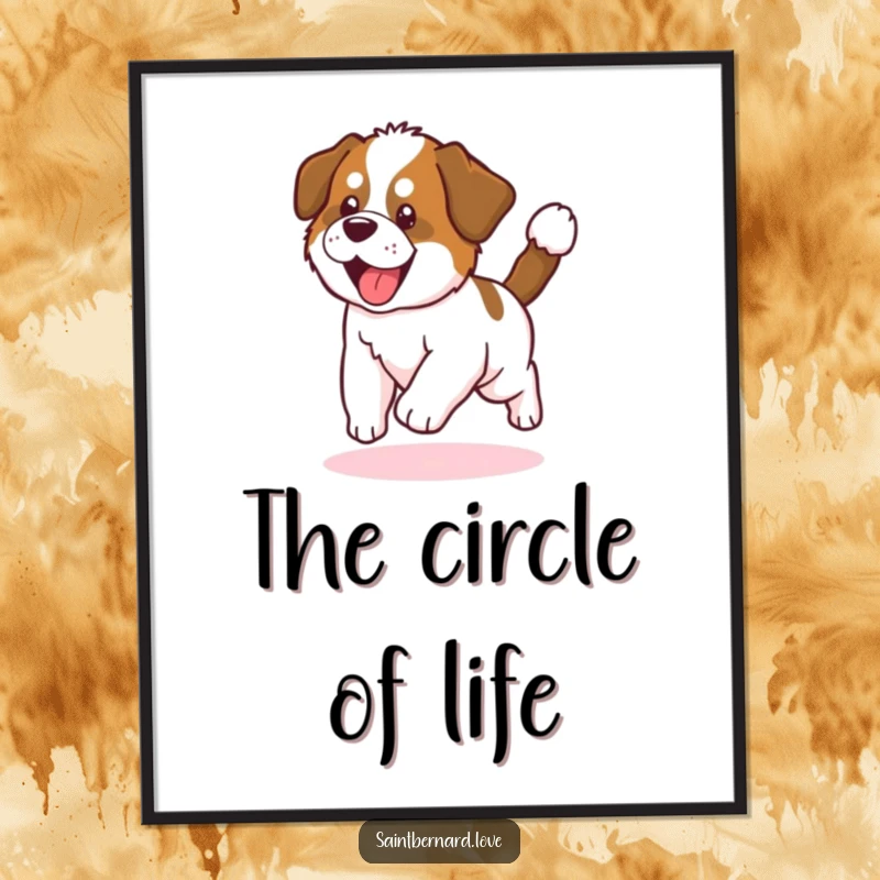 Funny Saint Bernard Puppy Digital Art Print: Adorable puppy chasing tail in a circle, high-resolution artwork for instant playful decor.