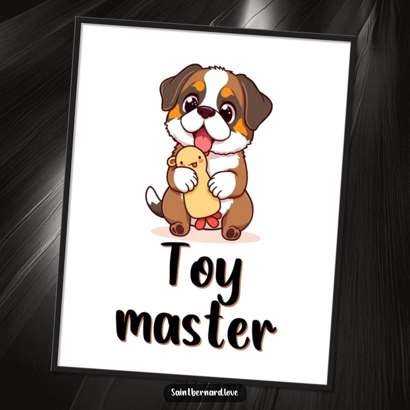 Funny Saint Bernard digital art print, a heartwarming image of a dog with sparkling eyes, balancing a squeaky toy, full of playful spirit.