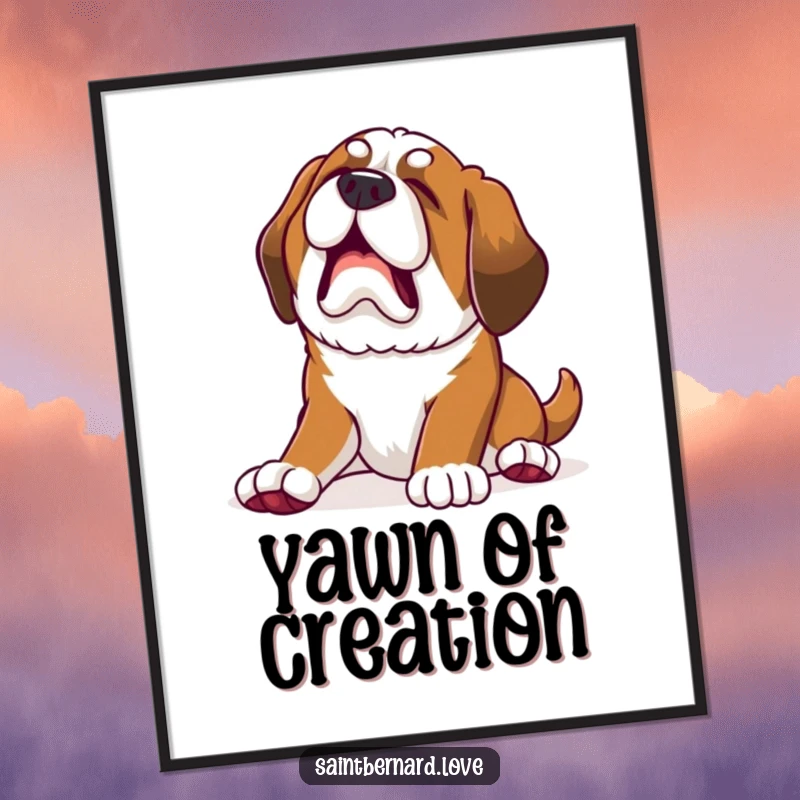 Funny Kawaii Saint Bernard Puppy Digital Art Print: Puppy stretches with a huge yawn, art funny gift.