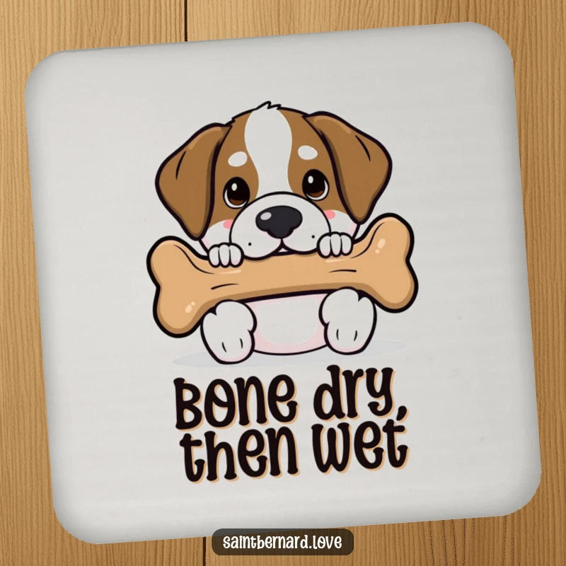 Funny Saint Bernard coaster with a kawaii dog peeking from behind a large bone, protecting tables with canine charm and humor.