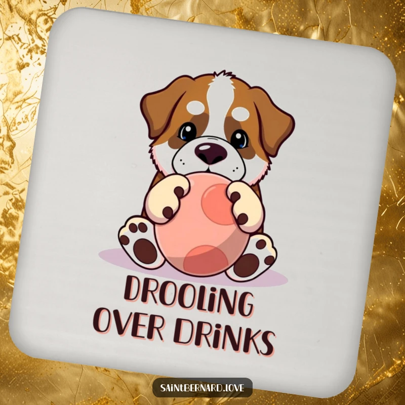 Funny Saint Bernard coaster featuring a Kawaii dog with huge paws playing with a large ball, protecting surfaces with humor. A charming home accent.
