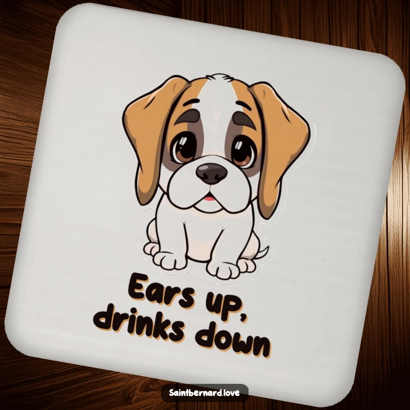 Funny Kawaii Saint Bernard Drink Coaster: A cute dog with ears perked in curiosity, protecting your table. A delightful funny gift.