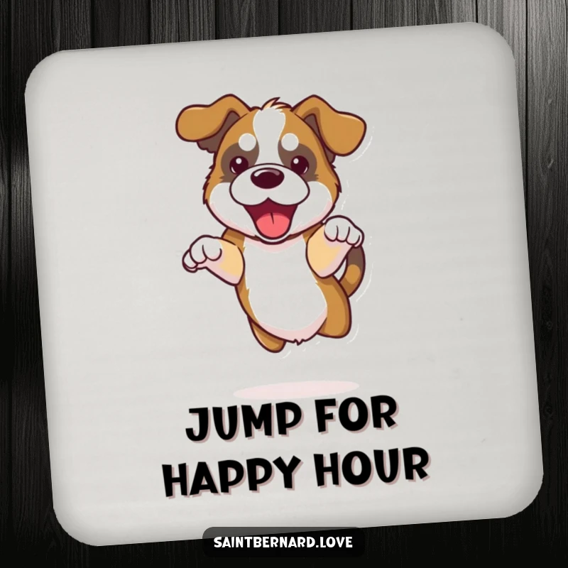 Funny Kawaii Saint Bernard Drink Coaster featuring a dog with floppy ears doing a happy jump, protecting your furniture with style.
