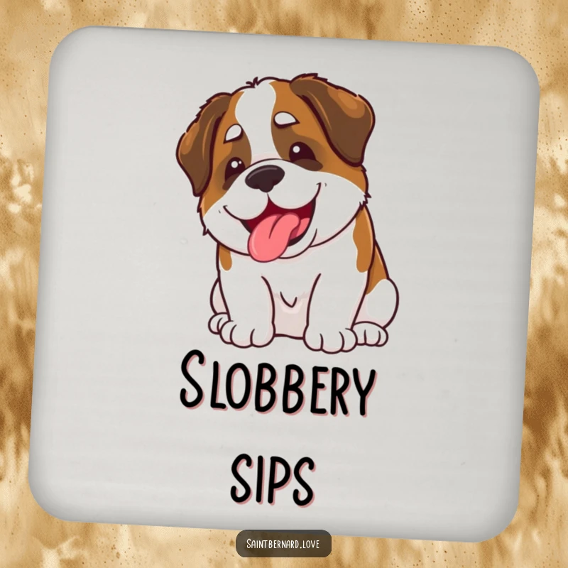 Funny Kawaii Saint Bernard Coasters: A set of coasters featuring a cute Saint Bernard with a happy grin and slobber, adding funny, dog-loving flair.