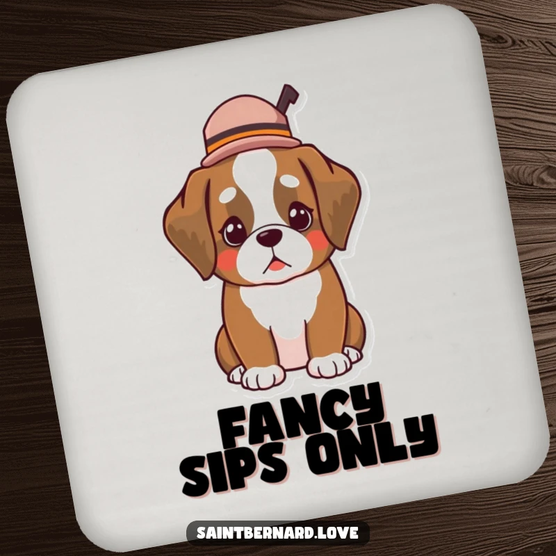 Funny Kawaii Saint Bernard drink coasters, depicting a dog wearing a small, tilted hat, ideal for protecting surfaces with dapper humor.