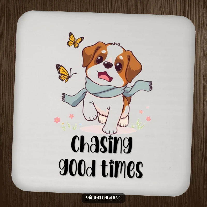 Funny Saint Bernard coasters, a dog in a scarf chasing a butterfly, protective and humorous table accessory.