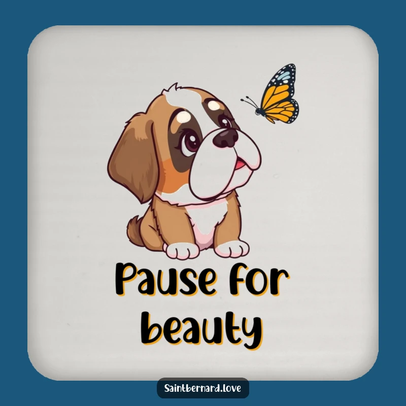 Funny Saint Bernard Coaster: Curious Dog Watching Butterfly, Gentle Protector