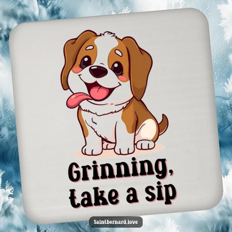 Funny Saint Bernard coaster with a kawaii dog sporting a wide, happy, panting grin, protecting tables with canine cheer.