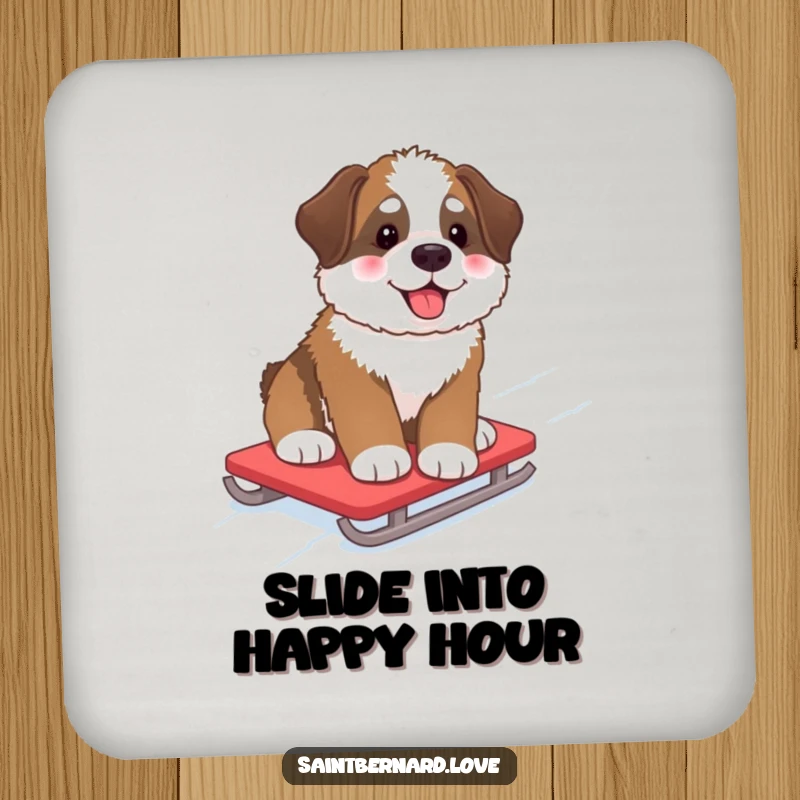 Funny Drink Coaster featuring a fluffy Saint Bernard pup with rosy cheeks, sledding down a snowy hill, adding humorous winter protection.