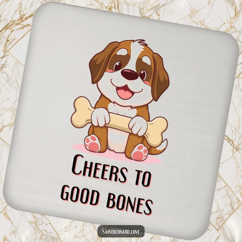 Funny Saint Bernard coasters, kawaii dog offering giant bone with smile, generous humorous drinkware, set of protective mats, ideal funny gift for homes.