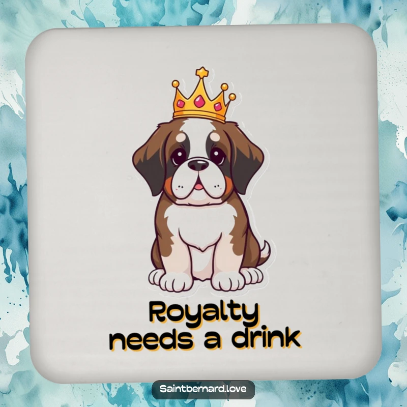Funny Saint Bernard coasters, kawaii dog wearing crown sitting proudly, royal humorous drinkware, set of stylish protectors, ideal funny gift for hosts.