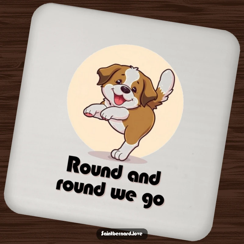 Funny drink coasters featuring a Saint Bernard pup joyfully chasing its tail in a circle, protecting surfaces with cuteness.