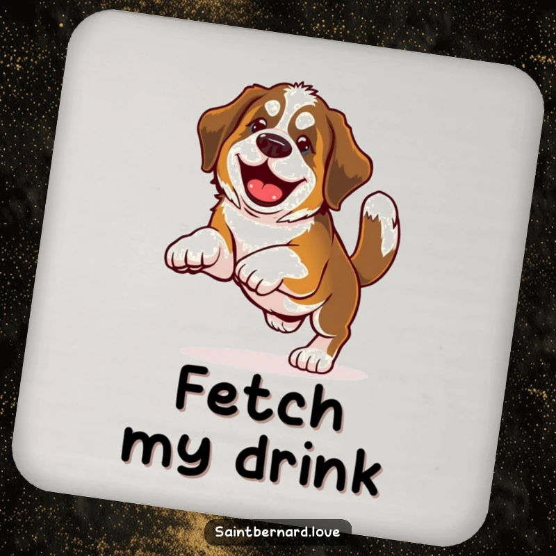 Funny Saint Bernard drink coasters featuring a happy dog with a wagging tail enthusiastically playing fetch, adding humor to any surface.