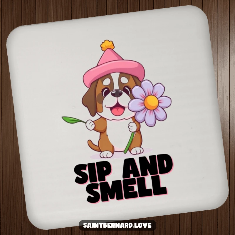 Funny Saint Bernard coasters with a dog in a silly hat offering a giant flower, protecting surfaces with cute and humorous canine art.