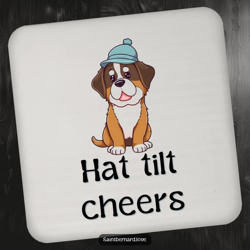 Funny Saint Bernard Hat Coaster featuring a dog in a hat tilting its head inquisitively, protecting surfaces with canine charm.