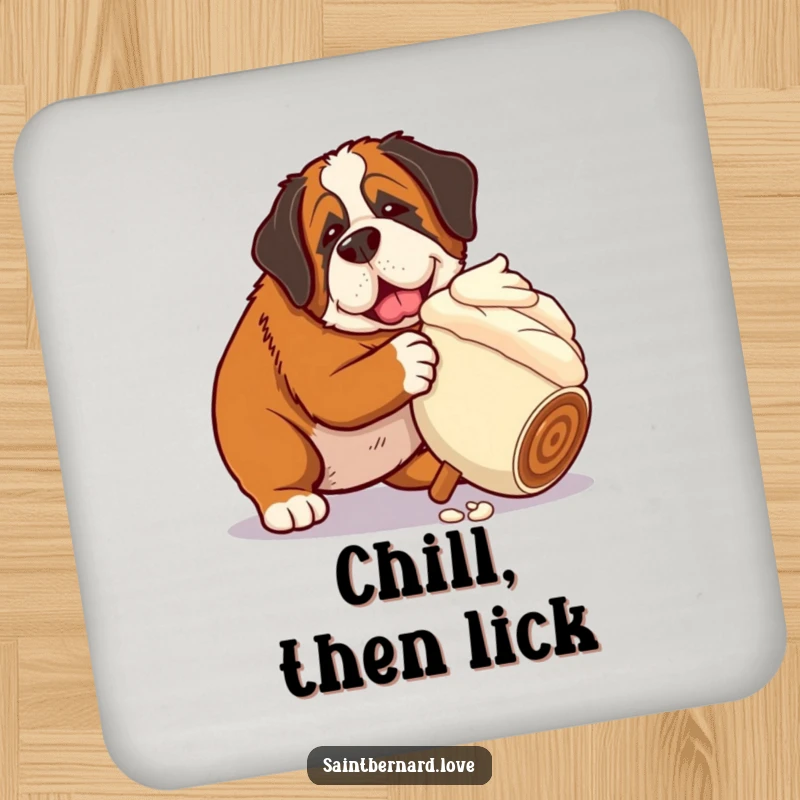 Funny Saint Bernard coasters with a dog nudging a giant rolling ice cream cone, protecting surfaces with charming and humorous dessert-themed art.