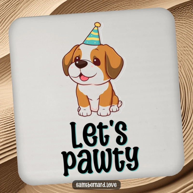 Funny Kawaii Saint Bernard Drink Coaster: A festive dog wearing a party hat, protecting surfaces with cheer.
