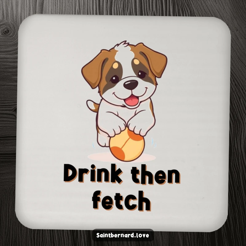 Funny Saint Bernard Puppy Coaster: A single drink coaster depicting a Saint Bernard puppy with floppy ears energetically chasing a bright, rolling ball.
