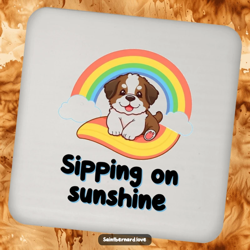Funny Saint Bernard coaster, showing a big fluffy puppy sliding down a cartoon rainbow, adding a delightful and whimsical touch.