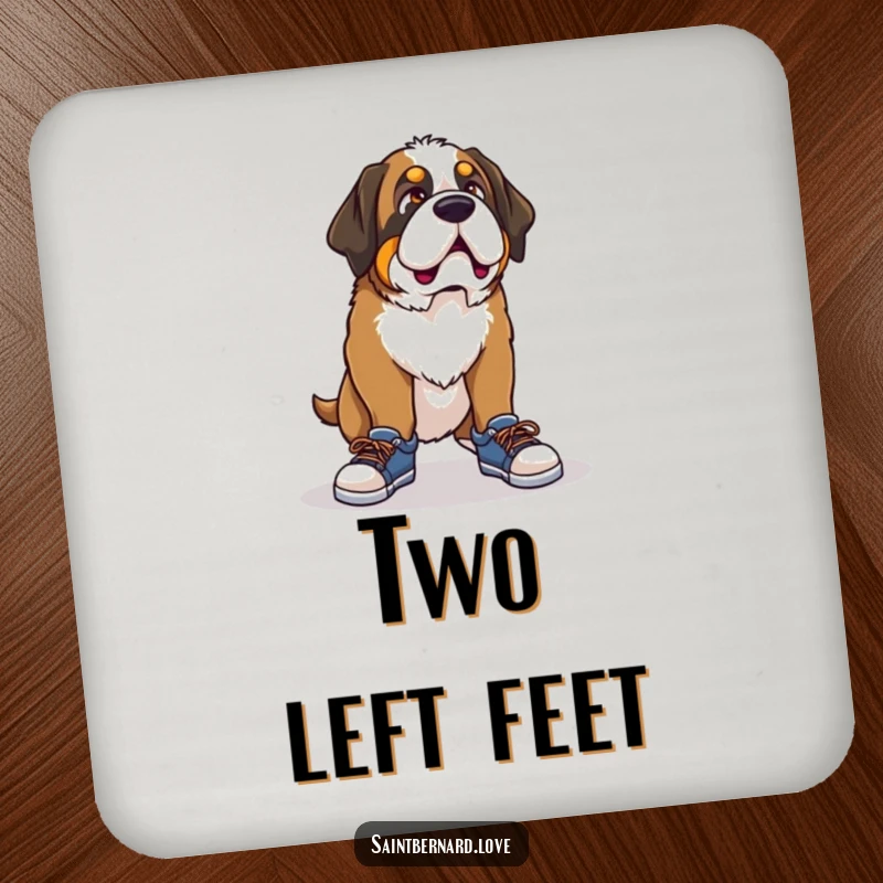 Funny Saint Bernard drink coaster, a charming coaster featuring a dog with a comical look trying to wear tiny shoes, adding humor to surfaces.