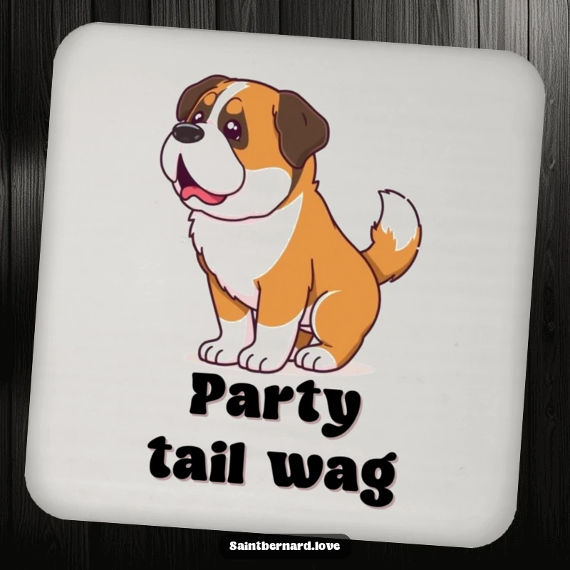Funny Saint Bernard drink coaster, a charming coaster featuring a dog whose entire body shakes from its wagging tail, symbolizing pure happiness.