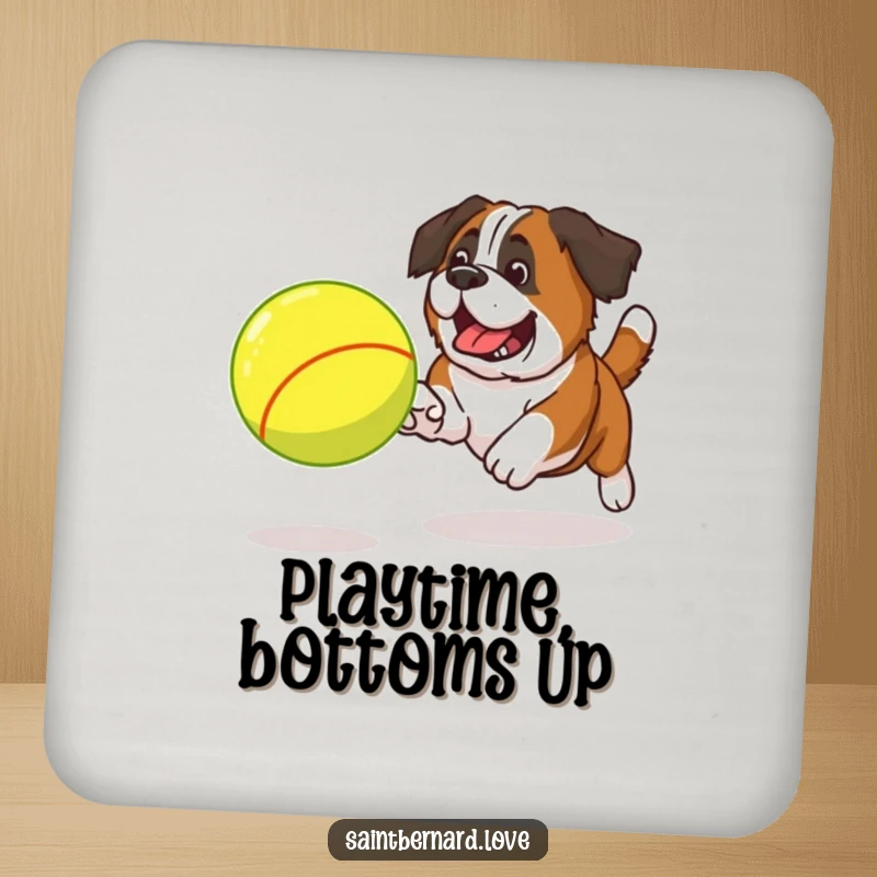 Funny Saint Bernard tennis ball drink coaster with a dog excitedly chasing a large ball, perfect for tables.