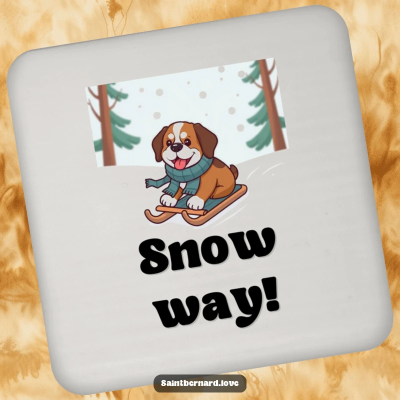 Funny Saint Bernard Coaster, a dog in a scarf sledding down a snowy hill, protecting surfaces with humor.