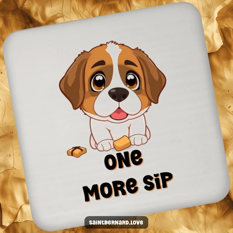 Funny Saint Bernard Treat Coaster: A single drink coaster showing a Saint Bernard dog with wide, hopeful eyes gazing upwards at a dropped treat.