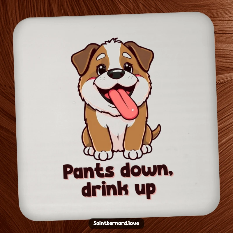 Funny Kawaii Saint Bernard Coasters: A happy puppy pants with tongue out, providing funny, cheerful protection.