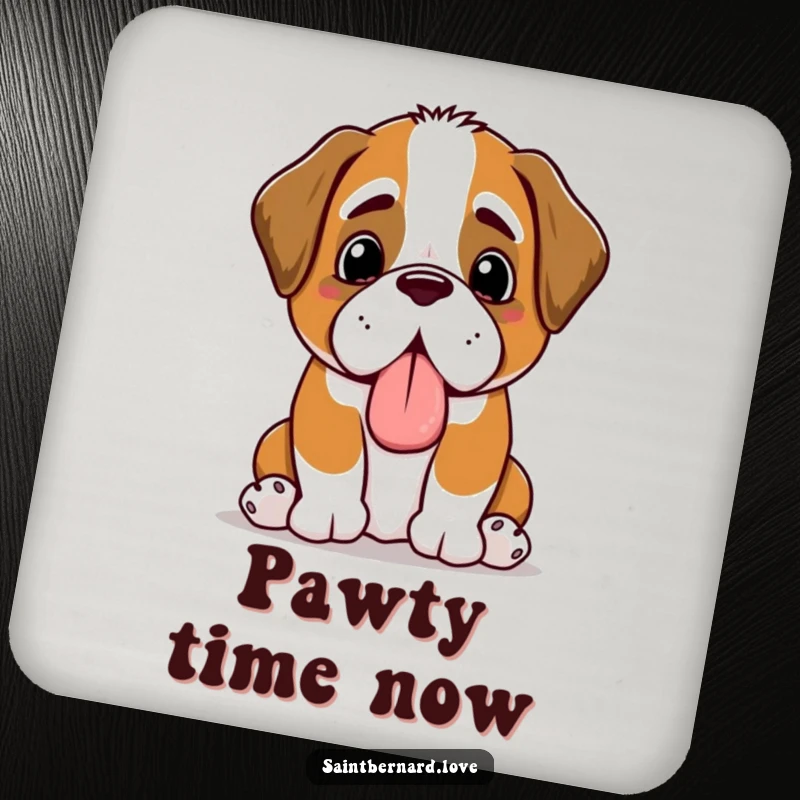 Funny Kawaii Saint Bernard drink coasters, depicting a happy panting dog offering a slobbery toy to protect surfaces with humor.