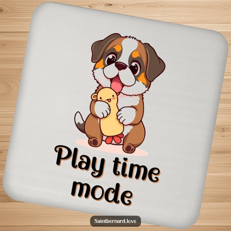 Funny Saint Bernard drink coaster, a charming coaster featuring a dog with sparkling eyes, balancing a squeaky toy, adding fun to any surface.