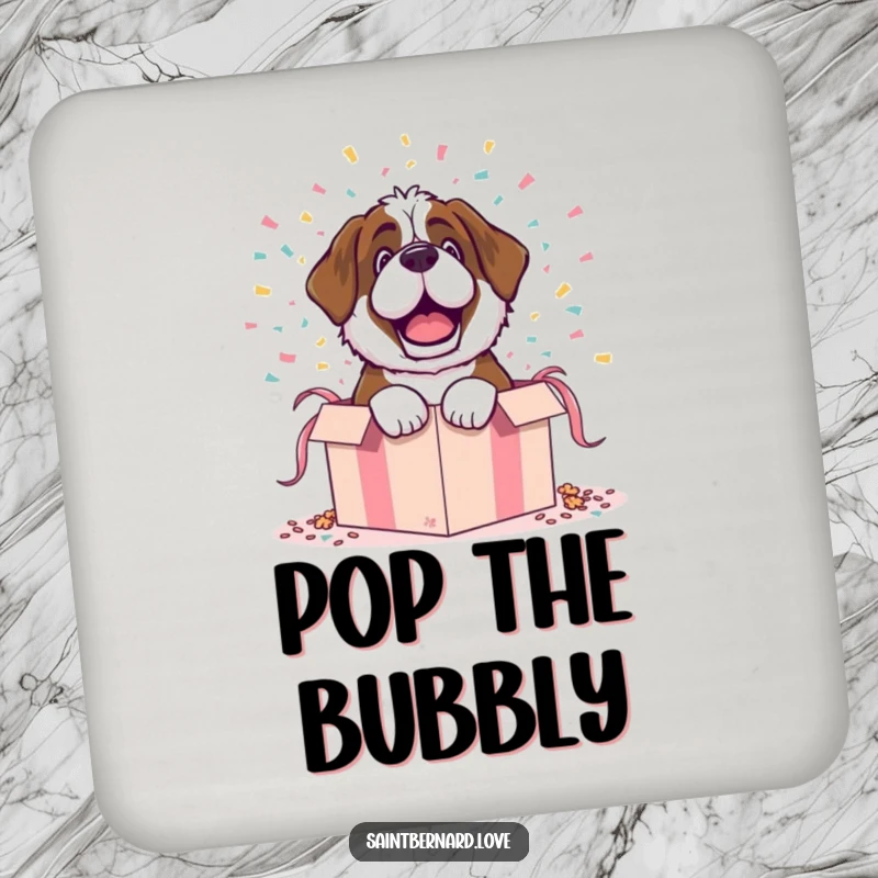 Funny drink coasters featuring a Saint Bernard character dramatically bursting from a gift box with confetti, protecting surfaces with flair.