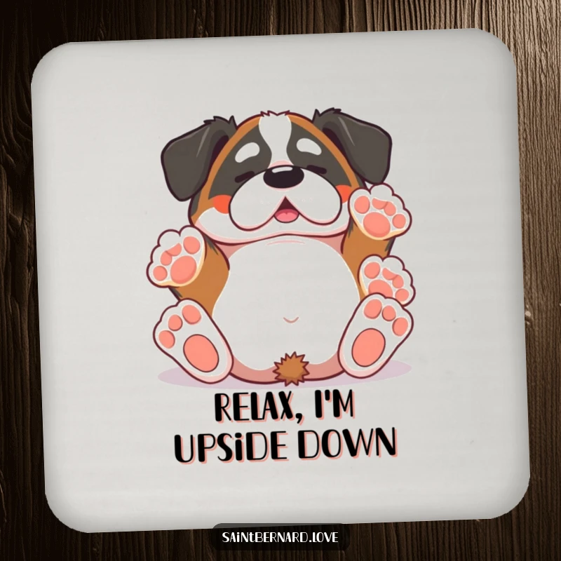 Funny Saint Bernard coaster featuring a kawaii dog rolling joyfully, paws playfully in the air, protecting surfaces with canine charm.