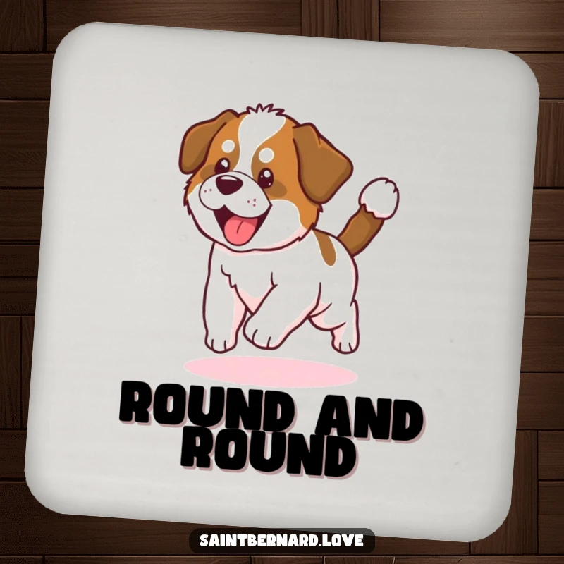 Funny Saint Bernard Puppy Coaster: Adorable puppy chasing tail in a circle, protecting surfaces with humor and cuteness, ideal for drinks.