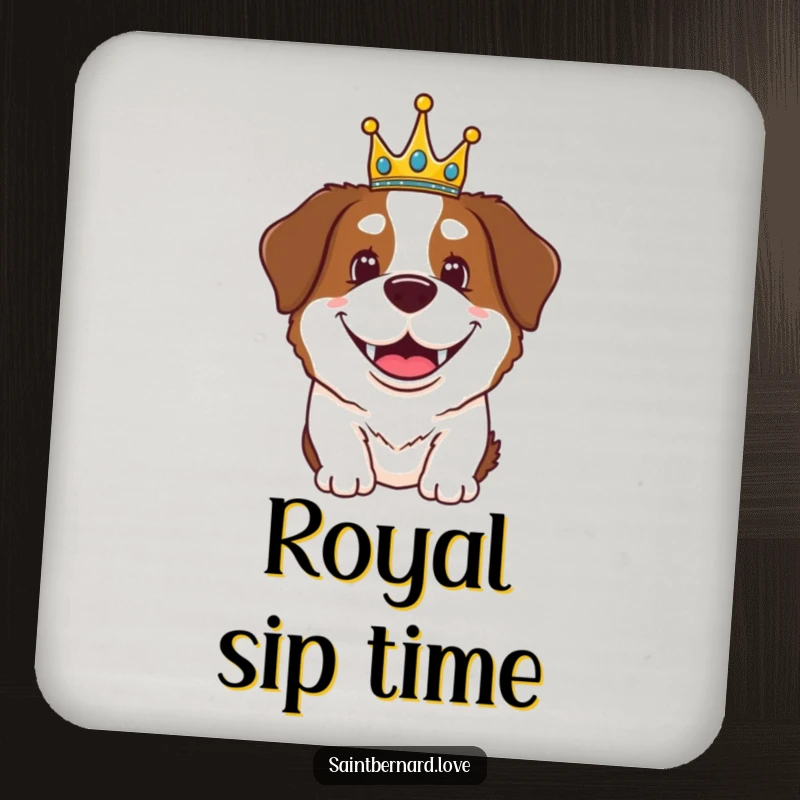 Funny Saint Bernard drink coasters showing a happy dog with a grin wearing a small crown, adding royal flair.