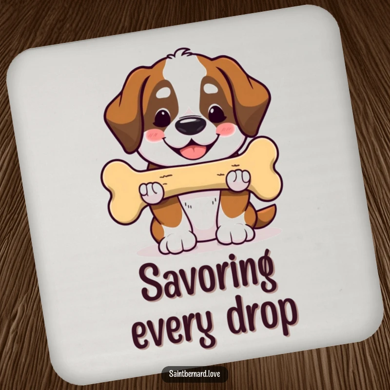 Funny Saint Bernard coaster featuring a Kawaii dog smiling and offering a huge bone, protecting surfaces with generosity. A charming home accent.