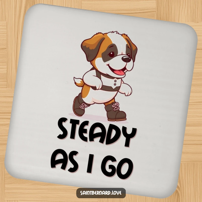 Funny Saint Bernard dog coasters, oversized boots, marching with determined flair, a humorous and protective set for tabletops, perfect for dog enthusiasts.