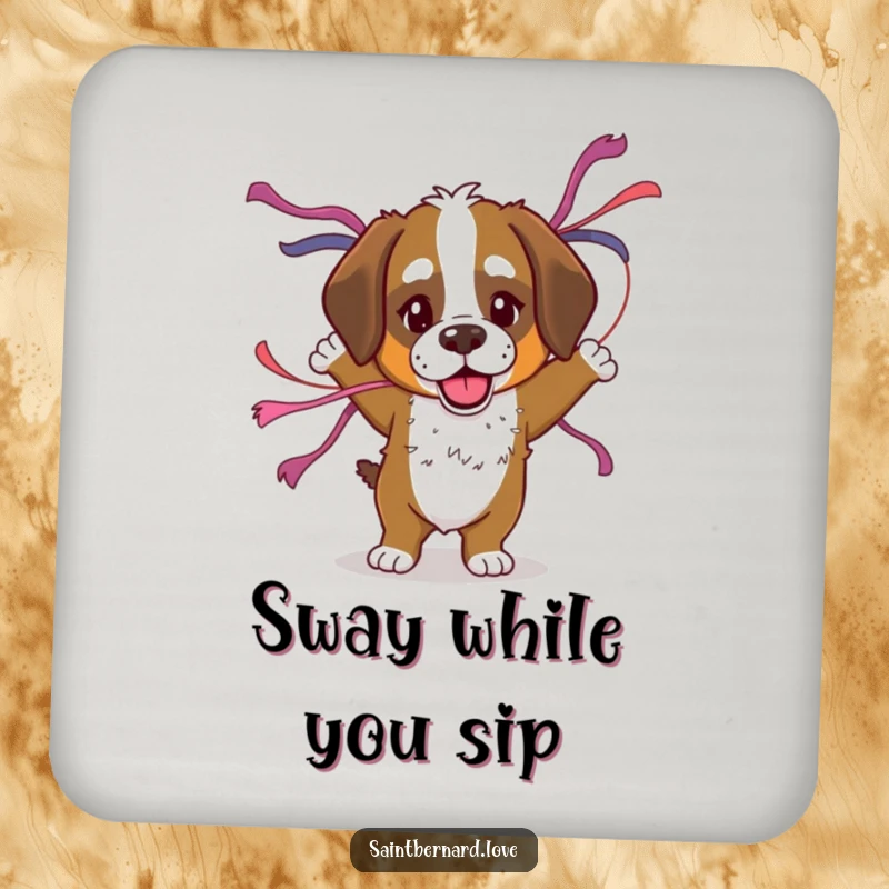Funny Saint Bernard coasters with a dog dancing with streamers, protecting surfaces with festive and humorous party-themed art.