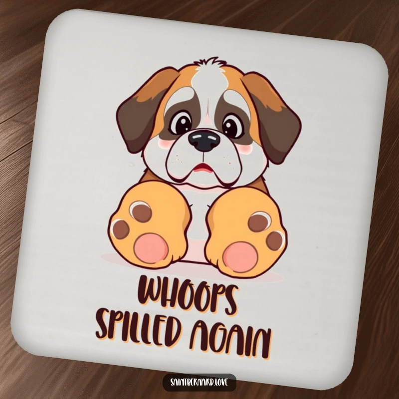 Funny Kawaii Saint Bernard drink coasters, depicting a surprised dog tripping over its paws, ideal for protecting surfaces humorously.