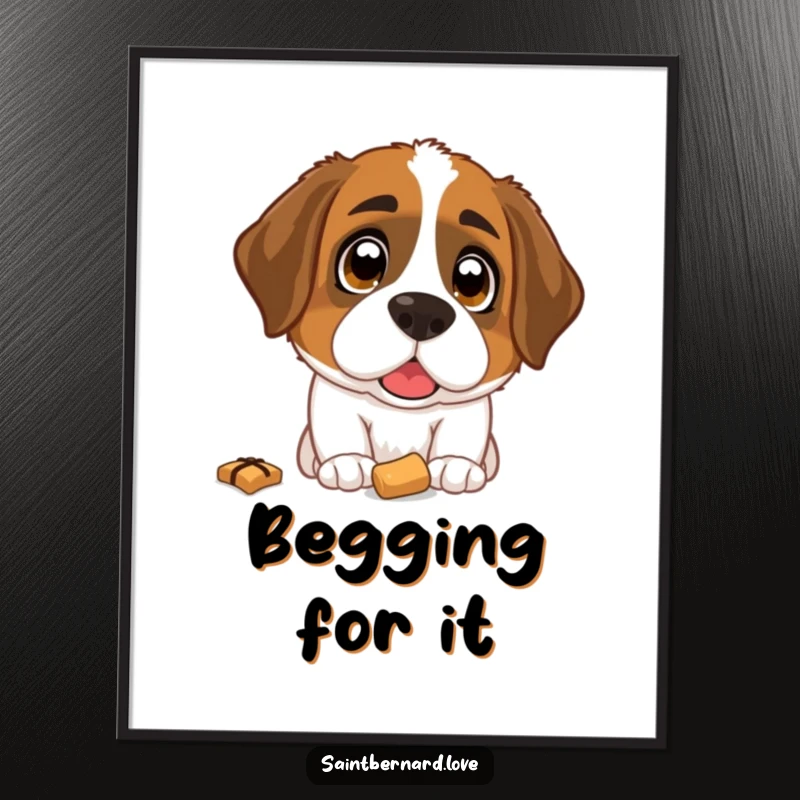 Funny Saint Bernard Poster: An endearing print of a Saint Bernard dog with wide, hopeful eyes intensely focused on a fallen treat.